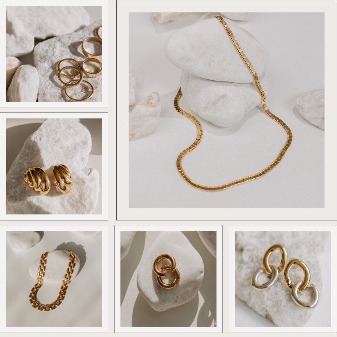 Collage of gold jewelry including rings and necklaces on a stone background
